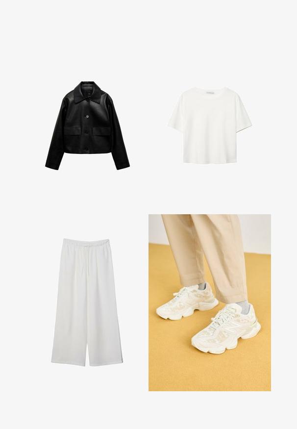 Mango Kunstlederjacke - black; Weißes T-Shirt mit kurzen Ärmeln aus Baumwolle. Hat einen Rundhalsausschnitt und eine lockere Passform. Glatte Textur ohne sichtbare Muster oder Akzente.; Weiße, weit geschnittene Hosen aus leichtem Stoff, mit einem elastischen Bund und einem Zugband für eine verstellbare Passform. Glatte Textur.; Weiße Sport Sneakers mit einer strukturierten Oberseite, die subtile Muster aufweist, runder Form und gepolsterter Sohle, kombiniert mit beigefarbenen Hosen.