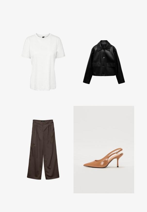 Mango Jakna iz umetnega usnja - black; Bela majica s kratkimi rokavi iz bombaža z okroglim izrezom in sproščenim krojem. Gladka tekstura brez vidnih vzorcev ali okrasnih elementov.; Hlače širokega kroja v temno rjavi tkanini z gladko teksturo. Značilnosti vključujejo gube spredaj in standarden pas.; Slinčaste pete z ostro konico v gladkem, sijočem bež materialu. Imajo ukrivljen rez in vitko stiletto peto. Podrobnost s srebrno zaponko.