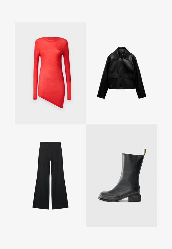 Mango Imiteret læderjakke - black; Rød langærmet top med en asymmetrisk kant, lavet af letvægtsmateriale. Glat tekstur med rund halsudskæring og minimale sømme.; Sorte brede bukser med en glat tekstur, der har fremadrettede folder og en skræddersyet design. Stofferne er lette og flerdimensionelle.; Sort læder ankelstøvle med blokhæl, glat tekstur, rund tå og en hælflap med gul branding.