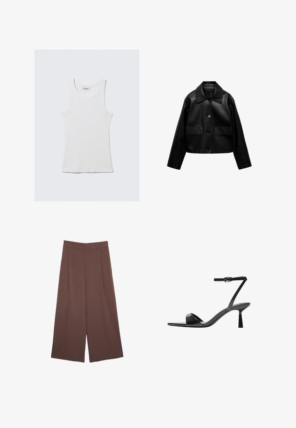 Mango Keinonahkatakki - black; Valkoinen puuvillainen hihaton toppi, jossa on uritettu pinta, hihattomat mallit ja pyöreä kaula-aukko. Kaula-aukon kohdalla on etiketti, jossa lukee "WEEKDAY."; Ruskeat leveälahkeiset housut, joissa on sileä pinta, korkea vyötärö ja etupleat. Kangas on kevyttä ja laskeutuu väljänä.; Bershka Korolliset sandaalit - black