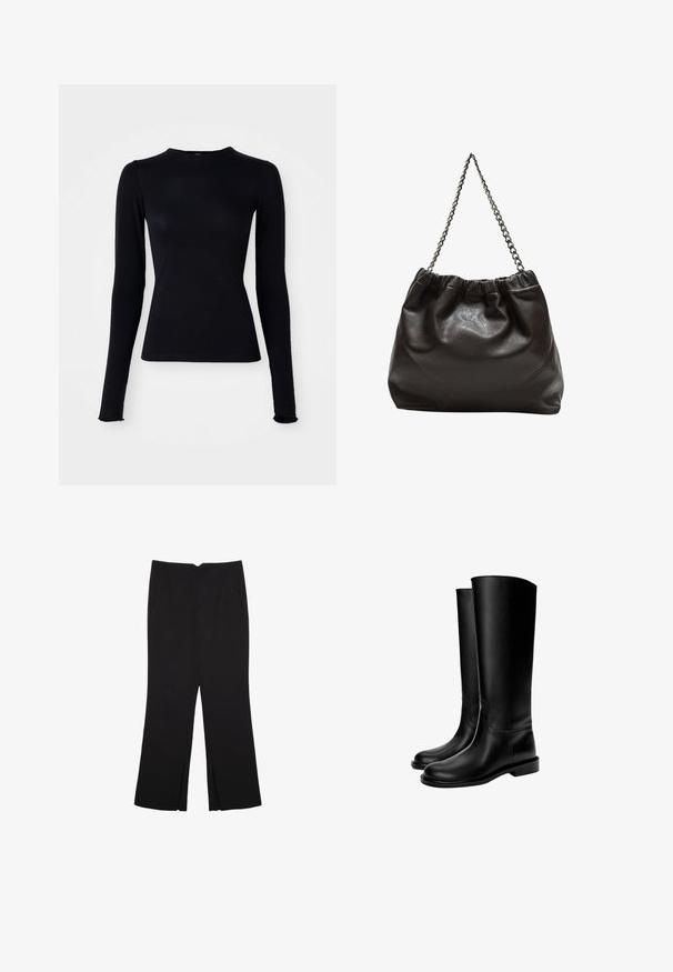 Mango Kunstlederjacke - black; Schwarzes Langarmoberteil aus einem glatten, dehnbaren Stoff. Verfügt über einen hohen Ausschnitt und eine schmale Passform, mit leicht ausgestellten Ärmelabschlüssen.; Schwarze Hose mit geradem Schnitt, ausgestattet mit Fronttaschen und Seitenschlitzen am Saum. Hergestellt aus weichem, glattem Stoff. Geeignet für verschiedene Anlässe.; Schwarze knielange Lederstiefel mit glatter Textur, runder Zehenform, flacher Sohle und minimalistischem Design, mit genähten Nähten und ohne sichtbare Beschläge.; Braune Lederhandtasche mit gerafftem Oberteil und Kettenriemen. Glatte Textur mit glänzendem Finish und subtilen Nahtdetails an den Seiten.