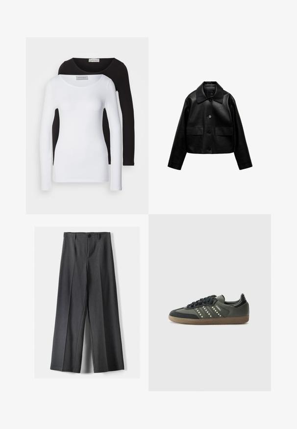 Mango Imitatieleren jas - black; Langdurige t-shirts in witte en zwarte katoen, met ronde halslijnen en een getailleerd ontwerp. Etiket zichtbaar bij de hals.; Wijde broek in donkergrijze stof, met een knoopsluiting, voorplooien en riemlussen. Gladde textuur met een op maat gemaakte uitstraling.; adidas Originals SAMBA OG - Sneakers laag - core black/legend earth/gum