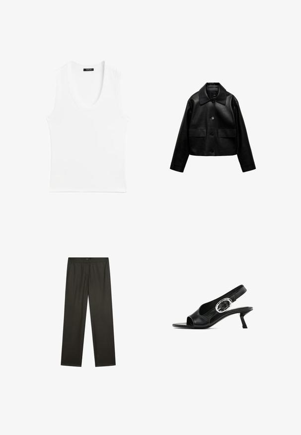 Mango Kunstlederjacke - black; Weißes ärmelloses Tanktop mit rundem Halsausschnitt, aus geripptem Material; einfaches Design ohne Muster oder Verzierungen.; Dunkelgrüne, weit geschnittene Hosen mit glatter Textur, elastischem Bund und seitlichen Taschen. Schlichtes Design ohne sichtbare Muster oder Beschläge.; Schwarzer Leder-Slingback-Schuh mit offener Spitze, der eine silberne ovale Schnalle am Riemen und einen schlanken Blockabsatz aufweist. Glatte Textur.