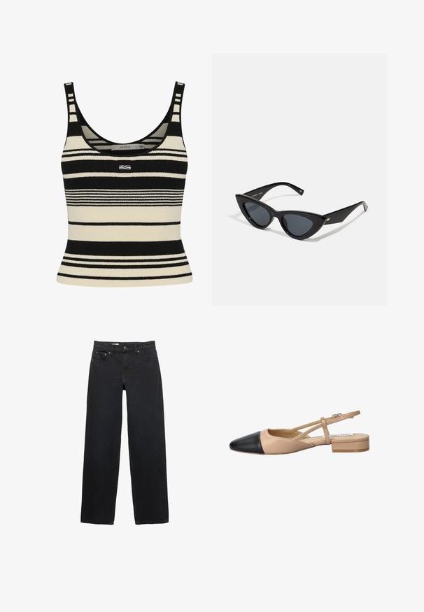 Mango Jakna od umjetne kože - black; Crni i krem prugasti top bez rukava s prilagođenim dizajnom, s debelim horizontalnim prugama i logotipom centriranim sprijeda. Mekana pletena tekstura.; Crne traperice širokog kroja napravljene od denima, sa pet džepova, kopčanjem na dugme, suptilnim šavovima i ravnim krojem od struka do rubova.; Bež i crna dvobojna slingback cipela s oštrim vrhom, ravnim potplatom i detaljem u obliku križanja traka. Glatka kožna tekstura.; Sunglasses u obliku mačjih očiju s sjajnim crnim plastičnim okvirom, tamnim lećama i zlatnim detaljima na sljepoočnicama. Kutni dizajn s elegantnim linijama.; Crna kožna torba s teksturiranim završnim obradom, koja ima dva gornja ručka, odvojivu naramenicu i detalj s srebrnim kopčanjem.