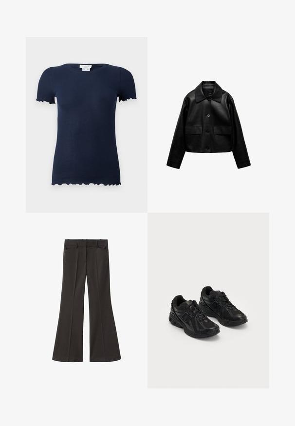 Mango Jachetă din imitație de piele - black; T-shirt bleumarin cu model rib și design ajustat, mâneci scurte și margini ondulate la tivurile mânecilor și la partea de jos. Material moale și elastic.; Pantaloni evazați negri, cu talie înaltă; au două buzunare frontale și o textură de stofă netedă. Potriviți pentru diverse ocazii.; Pantofi sport negri fabricati din plasă și materiale sintetice. Au un toc căptușit, modele texturate și un logo embosat pe lateral.