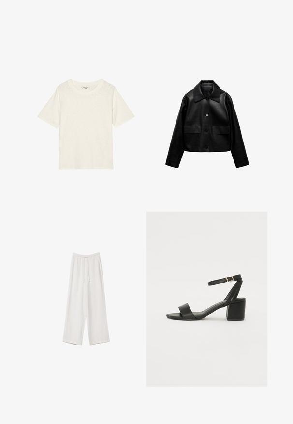 Mango Bunda z umělé kůže - black; Off-white tričkem s krátkým rukávem vyrobeným z měkké, texturované látky, s kulatým výstřihem a volným střihem. Žádné logo ani další detaily nejsou přítomny.; Bílé široké kalhoty vyrobené z lehké tkaniny. Mají elastický pas se šňůrkou a boční kapsy. Hladká textura.; Černé sandály na vysokém podpatku s hladkým koženým svrškem, otevřenou špičkou, širokými předními pásky a nastavitelným páskem kolem kotníku se zlatou přezkou.