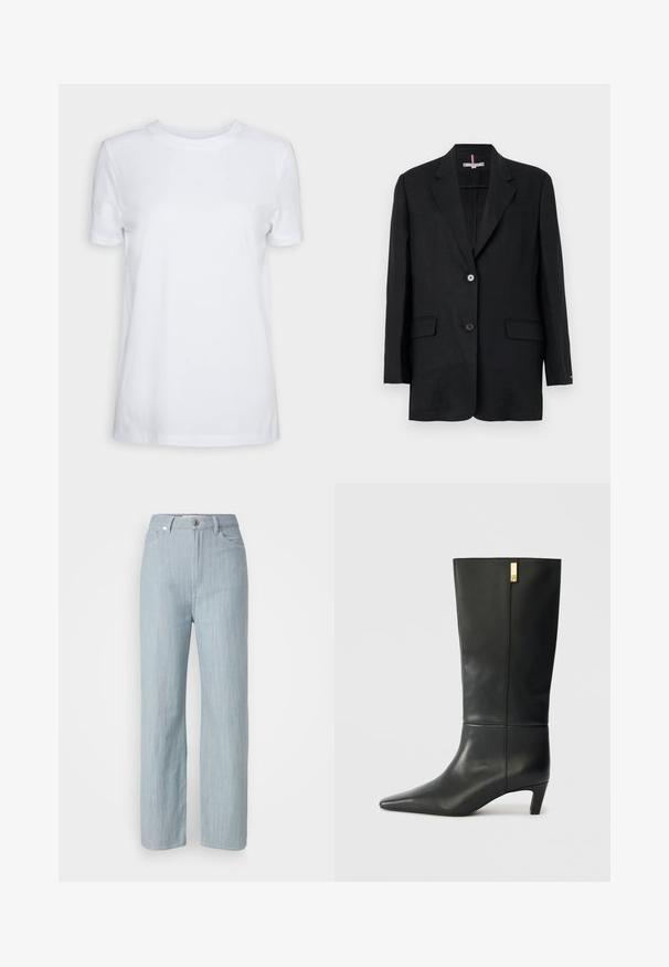 Svart lin blazer med notched lapel, to-knappslukking, frontlommer og en enkelt brystlomme. Minimalistisk design og strukturert silhuett.; Hvit kortermet t-skjorte laget av bomull. Rund hals-design med en jevn tekstur og ingen synlige mønstre eller detaljer. Enkel stil.; Lys blå rett ben jeans laget av denim. Har fem lommer, en metallknapplukking og subtil slitasje for tekstur.; Sorte lærknæhøje støvler med spids tå og en lille hæl. Har et strømlinet design med en gylden accentdetalje. Glat tekstur.