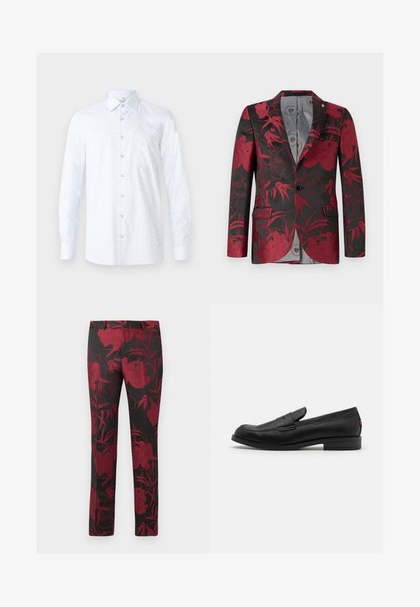 Red floral patterned blazer with a black background, featuring two front pockets, a single button closure, and a smooth gray interior lining.; White long-sleeve shirt featuring a subtle light blue pattern, classic collar, button-down front, and smooth fabric texture.; Set of five t-shirts in black, white, and navy blue. Cotton fabric, short sleeves, crew neck design, and plain texture with no patterns.; Black pants featuring a floral pattern in deep red, with a smooth texture and tailored fit. Standard waistband and straight leg design.; Black leather loafers with a smooth finish, rounded toe, and a small decorative flap. Features a low stacked heel and subtle branding detail.
