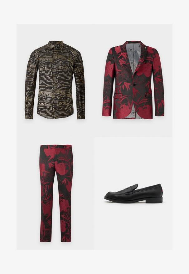 Rød blomster mønster blazer med sort baggrund, der har to forreste lommer, en enkelt knaplukning og en glat grå inderside.; Sort skjorte med et bølget guldmønster, lange ærmer og en standard krave, lavet af glat stof med en blank overflade.; Sæt af fem t-shirts i sort, hvid og marineblå. 100% bomuldsstof, korte ærmer, rund halsudskæring og ensartet overflade uden mønstre.; Sorte bukser med et blomstermønster i dyb rød, med en glat tekstur og skræddersyet pasform. Standard talje og lige ben-design.; Sorte læder loafers med en glat finish, rund tå og en lille dekorativ flap. Har en lav stablet hæl og en subtil brandingdetalje.