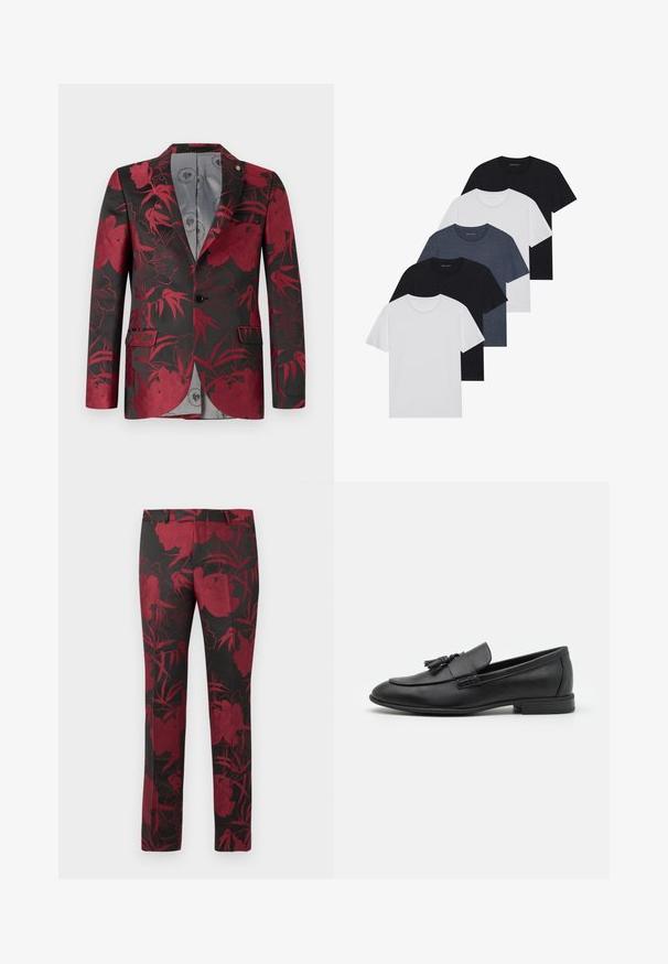 Röd blommönstrad blazer med svart bakgrund, med två framfickor, en enkel knäppning och en slät grå interiörfoder.; Set med fem t-shirts i svart, vitt och marinblått. Bomullslyster, korta ärmar, rund halsdesign och slät struktur utan mönster.; Svarta byxor med ett blommönster i djup röd färg, med en slät textur och skräddarsydd passform. Standard midjeband och rak ben-design.; Svarta läderloafers med en slät yta, med en tofsdetalj på framsidan, rund tå och låg klack. Enkelt och stilrent design.