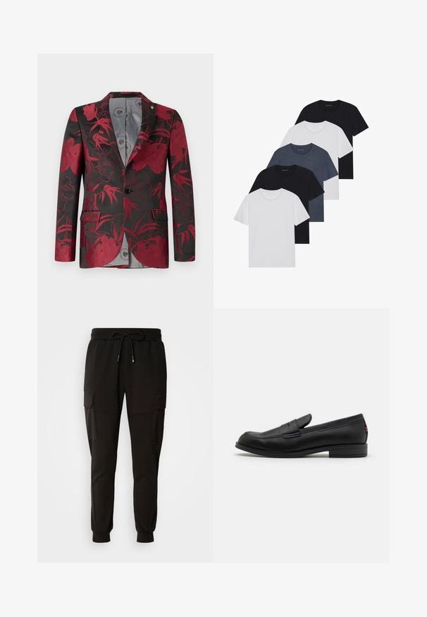 Punainen kukkakuosiset bleiseri mustalla taustalla, jossa on kaksi etutaskua, yhtenäinen nappikiinnitys ja sileä harmaa vuori.; Viisi t-paitaa mustana, valkoisena ja tummansinisena. Puuvillakankainen, lyhyet hihat, pyöreä kaula-aukko ja yksinkertainen pinta ilman kuvioita.; Mustat collegehousut, joissa on joustava vyötärö ja nauha. Sivulla on cargo-taskut ja nilkoissa joustavat resorit.; Mustat nahkaloafersit, joissa on sileä pinta, pyöreä kärki ja pieni koristeellinen läppä. Varustettu matalalla pinotulla korolla ja huomaamattomalla brändityksellä.