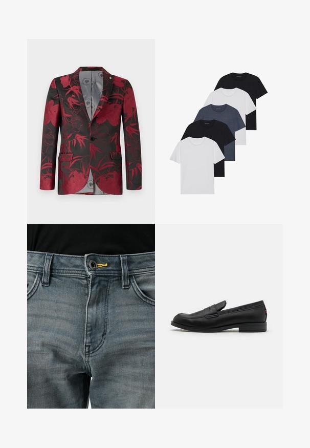 Rød blomstret blazer med svart bakgrunn, med to frontlommer, lukking med én knapp og glatt grå innvendig fôr.; Sett av fem t-skjorter i svart, hvit og marineblå. 100% bomull, kortermet, rund halsdesign og ensfarget uten mønstre.; Falmede blå denimjeans med knappelukking, gul accent på livlinjen og klassisk fem-lomme-design. Teksturen ser myk og slitt ut.; Sorte lærlofter med en glat overflade, rund tå og en lille dekorativ flap. Har en lav stablet hæl og diskret brandingdetalje.