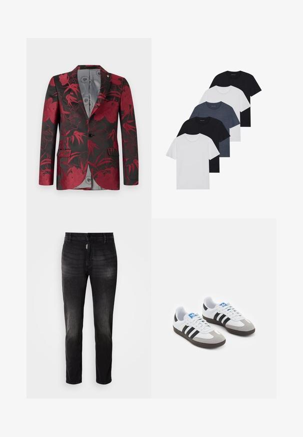 Sarkans ziedu raksts uz žaketes ar melnu fona, kurai ir divas priekšējās kabatas, vienas pogas aizdare un gluda pelēka iekšējā oderējuma.; Piecu T-kreklu komplekts melnā, baltā un tumši zilā krāsā. kokvilnas audums, īsas piedurknes, apļveida kakla dizains un vienkārša faktūra bez rakstiem.; Melnas džinsa bikses ar taisnu griezumu, ar pogu aizdari, piecām kabatām un vieglu izbalēšanu auduma tekstūrā.; Sporta apavi ar balto ādas virsu, pelēku zamšādas purngalu un trim melnām svītrām. Iezīmē zilu logotipu uz mēles un teksturētu gumijas zoli.