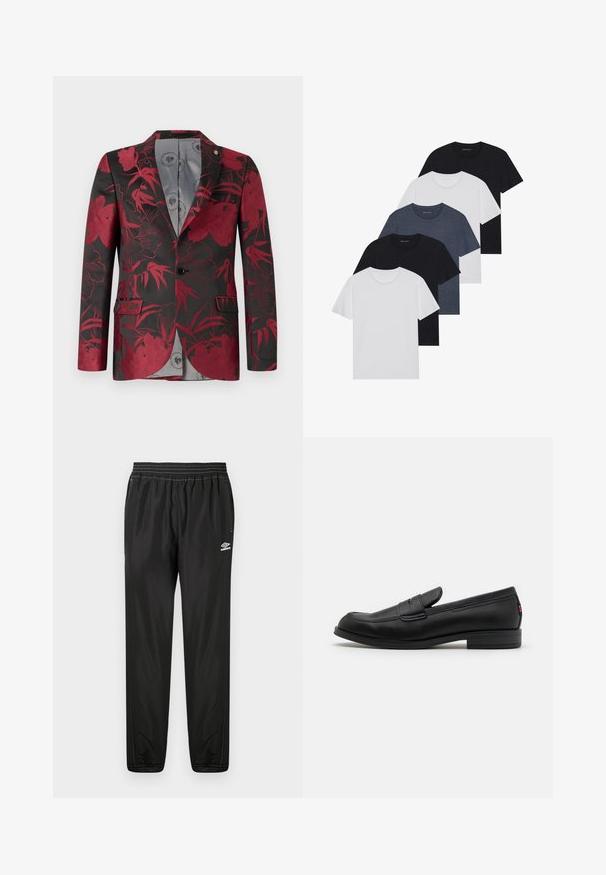 Rød blomster mønster blazer med sort baggrund, der har to forreste lommer, en enkelt knaplukning og en glat grå inderside.; Sæt af fem t-shirts i sort, hvid og marineblå. 100% bomuldsstof, korte ærmer, rund halsudskæring og ensartet overflade uden mønstre.; Sorte Umbro trackbukser med elastisk talje, sidelommer, tætsiddende ben og logo på højre lår mod en hvid baggrund.; Sorte læder loafers med en glat finish, rund tå og en lille dekorativ flap. Har en lav stablet hæl og en subtil brandingdetalje.