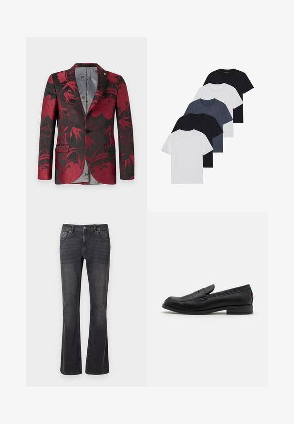 Raudonas švarkas su gėlių raštu ant juodo fono, turintis dvi priekines kišenes, vieno mygtuko užsegimą ir lygų pilką interjero pamušalą.; Penki marškiniai juodos, baltos ir mėlynos spalvos. Pagaminti iš medvilnės, trumpomis rankovėmis, su apvaliu kaklu, be raštų.; Juodos džinsinės kelnės su plačiu kirpimu, penkiomis kišenėmis ir metaline sagtele. Audinys yra lygus su subtiliu išblukimu.; Juodos odinės loafers' tipo bateliai su lygia apdaila, apvalia nosimi ir maža dekoratyvine kišenėle. Turi žemą sukrauto kulno ir subtilų prekės ženklo detalę.