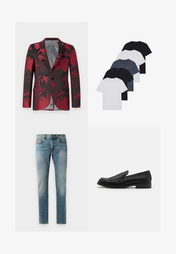 Blazer s cvjetnim uzorkom u crvenoj boji na crnoj pozadini, s dvije prednje džepove, zatvaranjem na jedan dugme i glatkom sivom unutarnjom podlogom.; Set od pet majica u crnoj, bijeloj i tamnoplavoj boji. Pamuk, kratki rukavi, kružićasti izrez i jednolična tekstura bez uzoraka.; Svijetloplave traperice ravnog kroja, s pet džepova, mjedenim elementima i suptilnim izbljeđivanjem na nogavicama. Klasična detaljna šavova.; Crne kožne mokasine s glatkom površinom, zaobljenim vrhom i malim dekorativnim preklopom. Imaju nisku složenu petu i suptilni detalj s brandom.