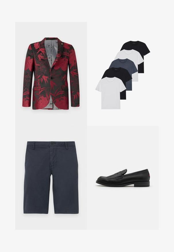 Blazer à motif floral rouge sur fond noir, doté de deux poches avant, d'une fermeture à un bouton, et d'une doublure intérieure lisse grise.; Ensemble de cinq t-shirts en noir, blanc et bleu marine. Tissu en coton, manches courtes, design col rond et texture unie sans motifs.; Shorts bleu marine en tissu texturé, dotés d'une fermeture à bouton à l'avant, de passants de ceinture et de poches latérales standards.; Mocassins en cuir noir avec une finition lisse, un bout arrondi et une petite flèche décorative. Dotés d'un petit talon empilé et d'un détail de marque subtil.