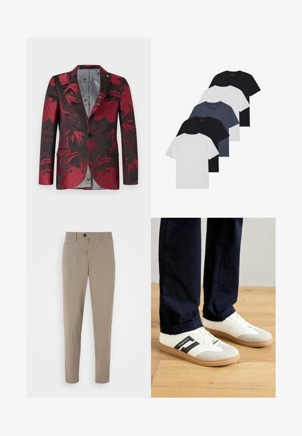 Rdeč blejzer z cvetličnim vzorcem na črni podlagi, ki ima dve sprednji žepki, zapiranje na en gumb in gladko sivo notranjo podlogo.; Set petih majic v črni, beli in mornarsko modri barvi. Bombažni material, kratki rokavi, krojen vrh z okroglim izrezom ter enostavno teksturo brez vzorcev.; Bež hlače z ozkim krojem, z zadrgo in sprednjim žepom. Narejene so iz gladkega materiala z ostrim videzom.; Beli in sivi teniski z črnimi črtami, narejeni iz usnja, z gumijastim podplatom in ravnimi vezalkami. Nosijo jih z mornarskimi hlačami na lesenem tleh.