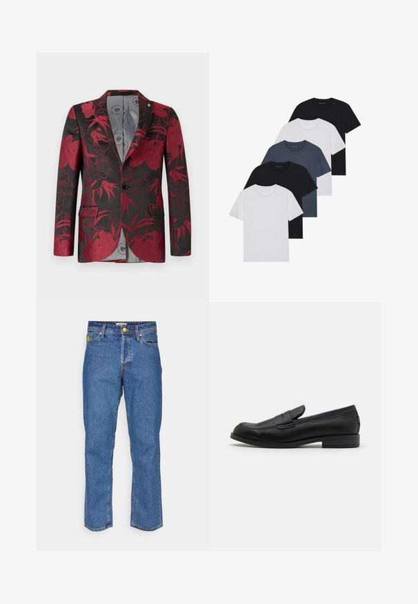 Blazer de patrón floral rojo sobre fondo negro, con dos bolsillos frontales, un cierre de un solo botón y un forro interior liso gris.; Conjunto de cinco camisetas en negro, blanco y azul marino. Tejido de algodón, de manga corta, diseño de cuello redondo y textura lisa sin patrones.; Vaqueros de mezclilla azul con un diseño de pierna recta, que cuentan con herrajes metálicos amarillos, cinco bolsillos y detalles de costura sutiles en todo el diseño.; Mocasines de cuero negro con un acabado suave, punta redondeada y una pequeña solapa decorativa. Presentan un tacón bajo y apilado, así como un detalle sutil de marca.