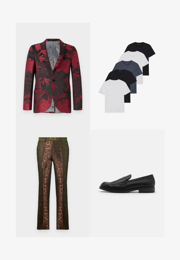 Blazer à motif floral rouge sur fond noir, doté de deux poches avant, d'une fermeture à un bouton, et d'une doublure intérieure lisse grise.; Ensemble de cinq t-shirts en noir, blanc et bleu marine. Tissu en coton, manches courtes, design col rond et texture unie sans motifs.; Pantalons à motifs verts présentant un design imprimé de serpent avec des nuances de marron et d'orange, coupe droite et texture lisse.; Mocassins en cuir noir avec une finition lisse, un bout arrondi et une petite flèche décorative. Dotés d'un petit talon empilé et d'un détail de marque subtil.