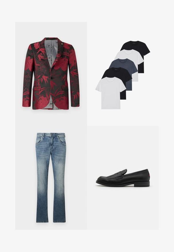 Rød blomstret blazer med svart bakgrunn, med to frontlommer, lukking med én knapp og glatt grå innvendig fôr.; Sett av fem t-skjorter i svart, hvit og marineblå. 100% bomull, kortermet, rund halsdesign og ensfarget uten mønstre.; Lyseblå denim flare jeans med gradientvask, fem lommer, metallknapplukking og synlig søm langs sømmene.; Sorte lærlofter med en glat overflade, rund tå og en lille dekorativ flap. Har en lav stablet hæl og diskret brandingdetalje.