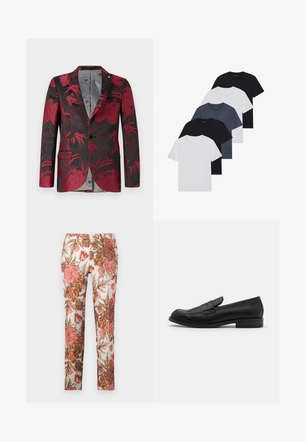 Roter Blazer mit floralen Mustern auf schwarzem Hintergrund, ausgestattet mit zwei vorderen Taschen, einem einzelnen Knopfverschluss und einer glatten grauen Innenauskleidung.; Set aus fünf T-Shirts in Schwarz, Weiß und Marineblau. Baumwollstoff, kurze Ärmel, Rundhalsausschnitt und schlichte Textur ohne Muster.; Blumenhose aus leichtem Stoff mit einem floralen Muster in Rosa, Rot und Braun sowie grünen Blättern, gerade Passform und mittelhoher Bund.; Schwarze Lederloafer mit glatter Oberfläche, abgerundetem Zehenbereich und einem kleinen dekorativen Riegel. Ausgestattet mit einem niedrigen, gestapelten Absatz und einem dezenten Markenlogo.