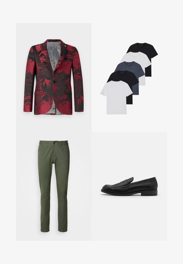 Red floral patterned blazer with a black background, featuring two front pockets, a single button closure, and a smooth gray interior lining.; Set of five t-shirts in black, white, and navy blue. Cotton fabric, short sleeves, crew neck design, and plain texture with no patterns.; Olive green trousers made of cotton blend, featuring a classic straight fit, five pockets, and metal button closure. Smooth texture.; Black leather loafers with a smooth finish, rounded toe, and a small decorative flap. Features a low stacked heel and subtle branding detail.