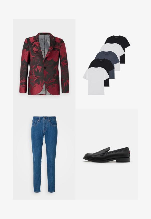 Rdeč blejzer z cvetličnim vzorcem na črni podlagi, ki ima dve sprednji žepki, zapiranje na en gumb in gladko sivo notranjo podlogo.; Set petih majic v črni, beli in mornarsko modri barvi. Bombažni material, kratki rokavi, krojen vrh z okroglim izrezom ter enostavno teksturo brez vzorcev.; Modre naravne hlače ravnega kroja iz denima, z običajnim pet-pocket dizajnom, z gumbnim zapiranjem in rahlim bledenjem vzdolž nog.; Črne usnjene mokasine z gladko površino, zaobljenim nosom in majhnim okrasnim preklopom. Imajo nizek zložen peto in subtilen detajl blagovne znamke.