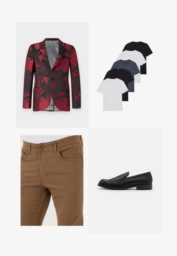 Punainen kukkakuosiset bleiseri mustalla taustalla, jossa on kaksi etutaskua, yhtenäinen nappikiinnitys ja sileä harmaa vuori.; Viisi t-paitaa mustana, valkoisena ja tummansinisena. Puuvillakankainen, lyhyet hihat, pyöreä kaula-aukko ja yksinkertainen pinta ilman kuvioita.; Ruskeat puuvillahousut, joissa on kapea malli, viisi taskua ja metallinapit vyötäröllä. Sileä rakenne, kestävä kangas.; Mustat nahkaloafersit, joissa on sileä pinta, pyöreä kärki ja pieni koristeellinen läppä. Varustettu matalalla pinotulla korolla ja huomaamattomalla brändityksellä.