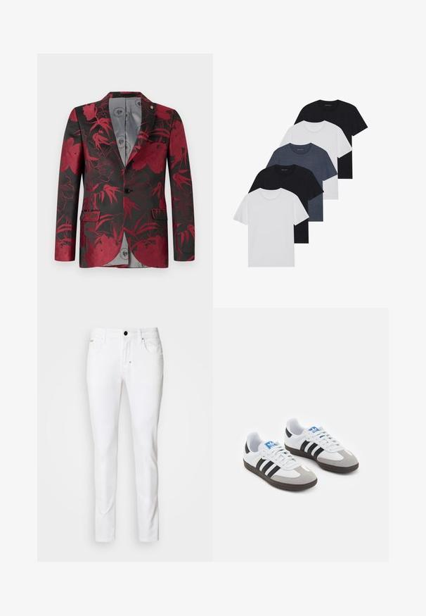 Czerwony żakiet w kwiatowy wzór na czarnym tle, z dwoma kieszeniami z przodu, zapięciem na jeden guzik oraz gładką szaro-skalną podszewką.; Zestaw pięciu koszulek w kolorach czarnym, białym i granatowym. Wykonane z bawełny, z krótkimi rękawami, klasycznym dekoltem i gładką fakturą, bez wzorów.; Białe dżinsy o prostym kroju, klasyczny pięciokieszeniowy styl, metalowe zapięcie na guzik i subtelne detale przeszycia.; Buty sportowe z białą skórzaną cholewką, szarym zamszowym noskiem i trzema czarnymi paskami. Posiadają niebieskie logo na języku oraz teksturowaną gumową podeszwę.