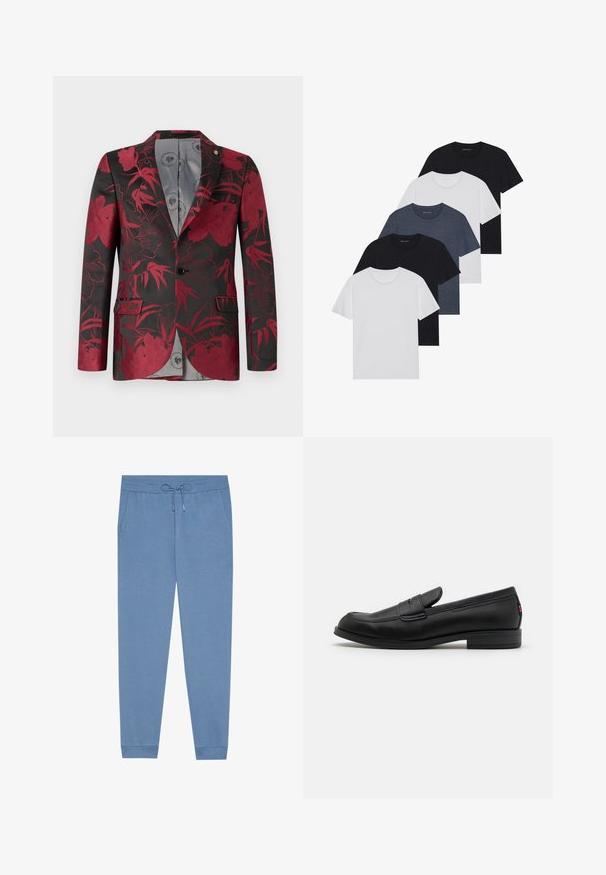 Red floral patterned blazer with a black background, featuring two front pockets, a single button closure, and a smooth gray interior lining.; Set of five t-shirts in black, white, and navy blue. Cotton fabric, short sleeves, crew neck design, and plain texture with no patterns.; Light blue jogger pants made of soft fabric, featuring an elastic waistband with a drawstring, side pockets, and tapered cuffs.; Black leather loafers with a smooth finish, rounded toe, and a small decorative flap. Features a low stacked heel and subtle branding detail.