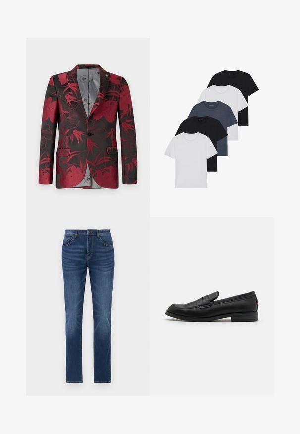 Blazer cu model floral roșu pe un fundal negru, având două buzunare frontale, închidere cu un singur nasture și o căptușeală interioară netedă de culoare gri.; Set de cinci tricouri în negru, alb și albastru închis. Fabricat din bumbac, cu mâneci scurte, design cu gât rotund și textură uniformă, fără modele.; Jeans din denim albastru închis cu o croială dreaptă clasică, design cu cinci buzunare și un ușor efect de decolorare pe picioare. Dispune de închidere cu buton și fermoar.; Mocasini din piele neagră cu un finisaj neted, vârf rotunjit și o mică clapetă decorativă. Au un toc joasă din lemn laminat și un detaliu de branding subtil.