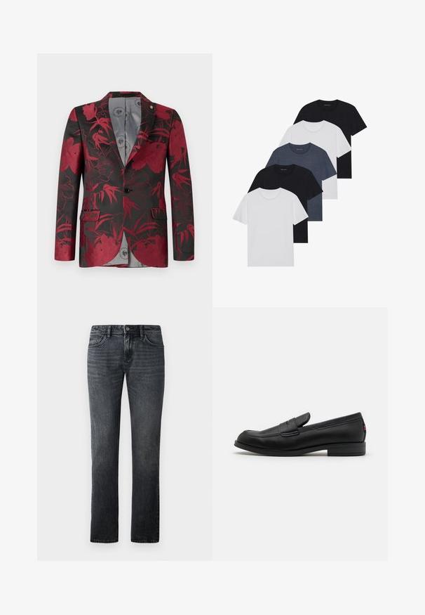 Sarkans ziedu raksts uz žaketes ar melnu fona, kurai ir divas priekšējās kabatas, vienas pogas aizdare un gluda pelēka iekšējā oderējuma.; Piecu T-kreklu komplekts melnā, baltā un tumši zilā krāsā. kokvilnas audums, īsas piedurknes, apļveida kakla dizains un vienkārša faktūra bez rakstiem.; Tumši pelēki taisna piegriezuma džinsi, izgatavoti no denima, ar klasisku piecu kabatu dizainu un pogu aizdari jostasvietā.; Melnas ādas loafers ar gludu apdari, noapaļotu purngalu un mazu dekoratīvu flap. Ietver zemu kraujošu papēdi un smalku zīmola detalizāciju.