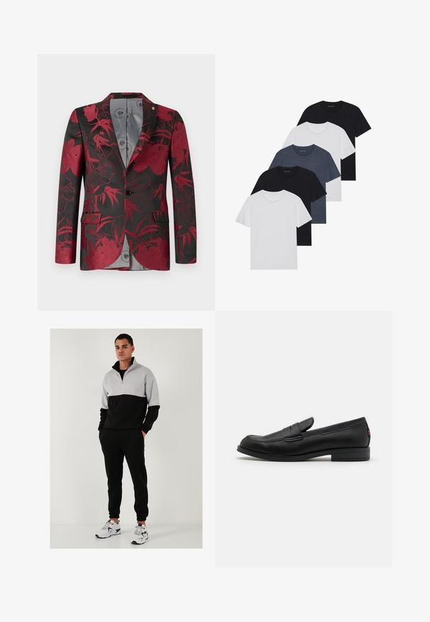 Red floral patterned blazer with a black background, featuring two front pockets, a single button closure, and a smooth gray interior lining.; Set of five t-shirts in black, white, and navy blue. Cotton fabric, short sleeves, crew neck design, and plain texture with no patterns.; Black and gray zip-up sweatshirt with a high collar, paired with black jogger pants and white athletic shoes. Smooth texture, relaxed fit.; Black leather loafers with a smooth finish, rounded toe, and a small decorative flap. Features a low stacked heel and subtle branding detail.