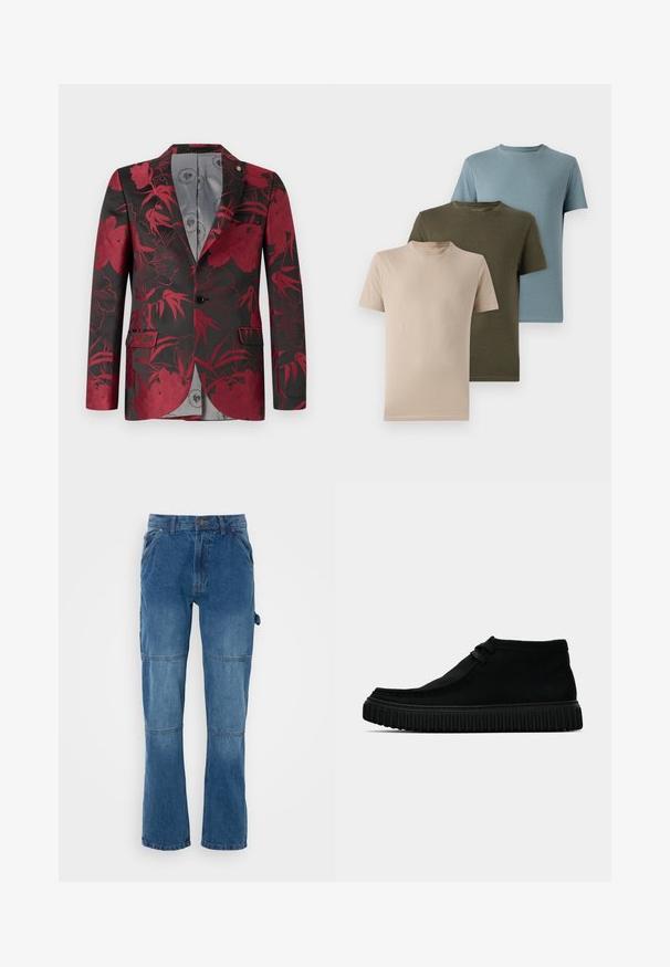 Červený blejzer s kvetinovým vzorom na čiernom pozadí, so zlatom predných vreciek, jedným gombíkom a hladkou šedou podšívkou.; Tričko s krátkym rukávom v béžovej, olivovej a svetlomodrej farbe, vyrobené z jemného materiálu, s okrúhlym výstrihom a jednoduchým dizajnom.; Modré džíny so striha rovnými nohavicami, so švovými detailmi a gombíkovým zapínaním. Tkanina vykazuje vyblednutý vzhľad s hladkým povrchom.; Čierne členkové čižmy vyrobené z mäkkého materiálu, so zaoblenou špičkou, minimálnym šnurovaním a textúrovanou gumovou podrážkou s vertikálnymi drážkami.