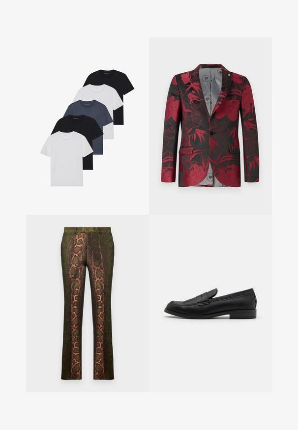 Blazer con motivo floreale rosso su sfondo nero, dotato di due tasche frontali, chiusura a un bottone e foderato in morbido grigio.; Set di cinque t-shirt in nero, bianco e blu navy. Tessuto di cotone, maniche corte, design a collo rotondo e texture semplice senza motivi.; Pantaloni verdi a fantasia con motivo a pelle di serpente in tonalità di marrone e arancione, taglio dritto e texture liscia.; Mocassini in pelle nera con finitura liscia, punta arrotondata e una piccola pattina decorativa. Presentano un tacco basso e impilato e un sottile dettaglio di branding.