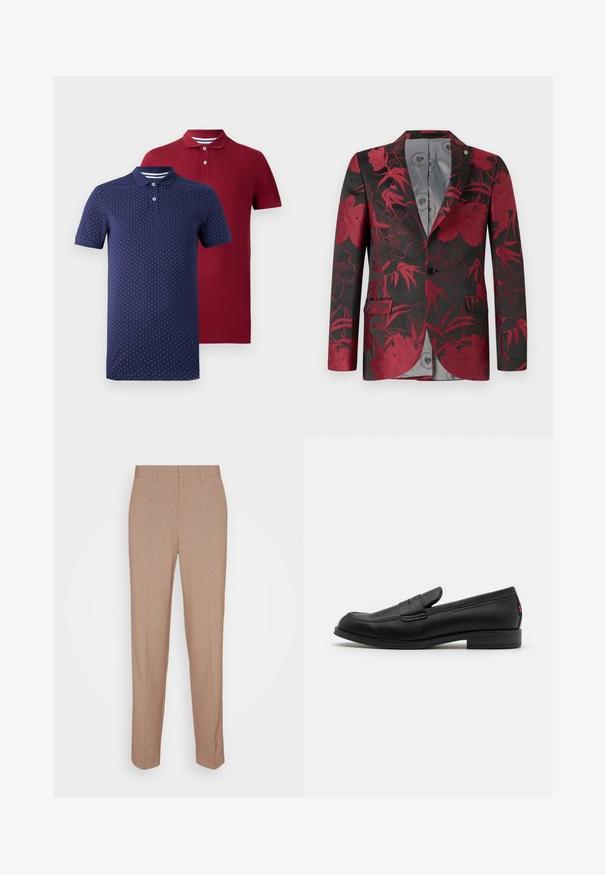 Red floral patterned blazer with a black background, featuring two front pockets, a single button closure, and a smooth gray interior lining.; Two short-sleeve polo shirts, one dark red solid and one navy blue with white vertical dot pattern, both with button plackets and collars.; Beige tailored trousers in a smooth, textured fabric. Straight fit with a waistband and no visible embellishments or pockets.; Black leather loafers with a smooth finish, rounded toe, and a small decorative flap. Features a low stacked heel and subtle branding detail.
