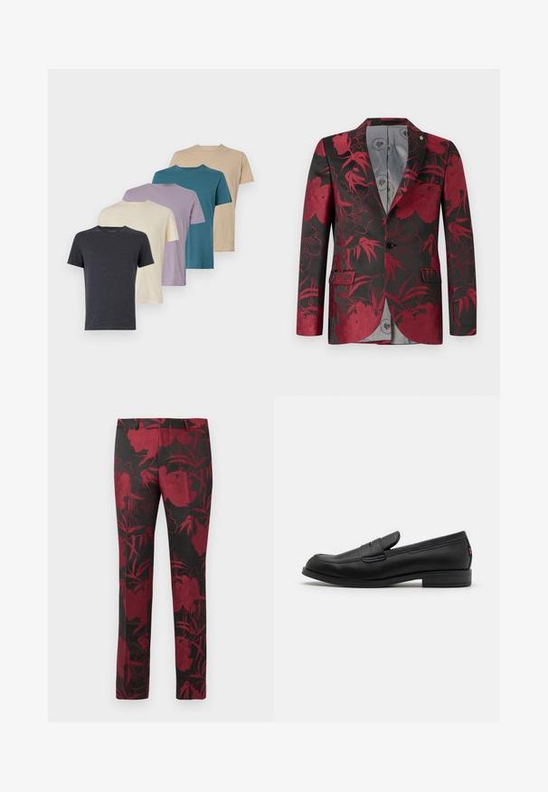 Blazer con motivo floreale rosso su sfondo nero, dotato di due tasche frontali, chiusura a un bottone e foderato in morbido grigio.; Cinque t-shirt a maniche corte in grigio scuro, crema, lavanda, verde acqua e beige. Realizzati in tessuto morbido con collo rotondo e vestibilità standard.; Pantaloni neri con un motivo floreale in rosso scuro, con una texture liscia e una vestibilità su misura. Vita standard e design a gamba dritta.; Mocassini in pelle nera con finitura liscia, punta arrotondata e una piccola pattina decorativa. Presentano un tacco basso e impilato e un sottile dettaglio di branding.