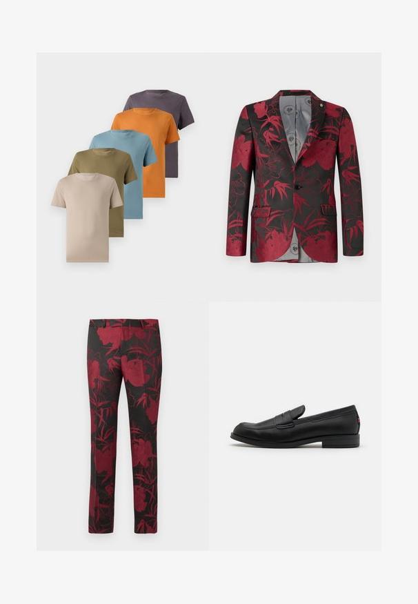 Sarkans ziedu raksts uz žaketes ar melnu fona, kurai ir divas priekšējās kabatas, vienas pogas aizdare un gluda pelēka iekšējā oderējuma.; Pieci apkakles T-krekli izkārtoti rindā, piedāvājot bēšu, oliņzaļu, gaiši zilu, oranžu un tumši violetu krāsu. Gluda auduma tekstūra.; Melnas bikses ar dziļi sarkanu ziedu rakstu, ar gludu tekstūru un pielāgotu piegriezumu. Standarta jostasvieta un taisnās kājas dizains.; Melnas ādas loafers ar gludu apdari, noapaļotu purngalu un mazu dekoratīvu flap. Ietver zemu kraujošu papēdi un smalku zīmola detalizāciju.