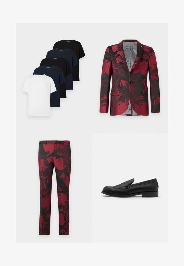 Rød blomstret blazer med svart bakgrunn, med to frontlommer, lukking med én knapp og glatt grå innvendig fôr.; Fem enkle kortermede t-skjorter med rund hals i vekslende svart, marineblå og hvit, ordnet i en forskjøvet stabler på en hvit bakgrunn.; Sorte bukser med et blomstermønster i dyb rød, med en glat tekstur og skræddersyet pasform. Standard talje og lige ben.; Sorte lærlofter med en glat overflade, rund tå og en lille dekorativ flap. Har en lav stablet hæl og diskret brandingdetalje.