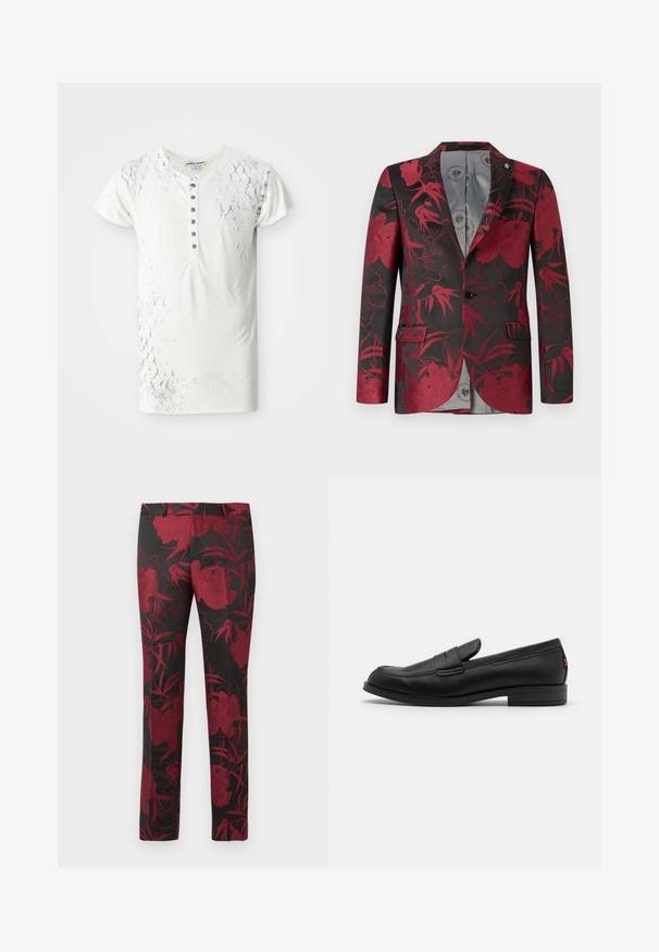 Sarkans ziedu raksts uz žaketes ar melnu fona, kurai ir divas priekšējās kabatas, vienas pogas aizdare un gluda pelēka iekšējā oderējuma.; Balta īsām piedurknēm T-krekls ar teksturētu čūsku ādas rakstu un pogu slēgšanu, kuras centrā ir tumši pelēkas pogas.; Melnas bikses ar dziļi sarkanu ziedu rakstu, ar gludu tekstūru un pielāgotu piegriezumu. Standarta jostasvieta un taisnās kājas dizains.; Melnas ādas loafers ar gludu apdari, noapaļotu purngalu un mazu dekoratīvu flap. Ietver zemu kraujošu papēdi un smalku zīmola detalizāciju.