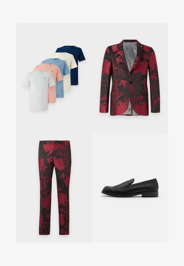 Piros virágmintás blézer fekete háttérrel, két elülső zsebbel, egy gombos záródással és sima szürke bélésével.; Öt rövid ujjú póló különböző pasztell színekben: szürke, rózsaszín, világoskék, krémszínű és sötétkék, mindegyik a mellkasán egy kis logóval.; Fekete nadrág mély vörös virágmintával, sima textúrával és szabott fazonnal. Szabványos derékpánt és egyenes lábujj design.; Fekete bőr loafer cipők sima felülettel, lekerekített orral és egy kis díszes hajtókával. Alacsony, rakott sarkú és diszkrét márkázási részletekkel rendelkezik.