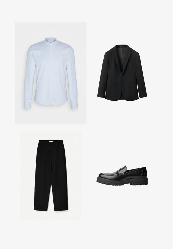 Czarna marynarka o gładkiej teksturze, z klapami, dwoma przednimi kieszeniami, zapięciem na jeden guzik i dopasowanym krojem.; Jasnoniebieska koszula z długim rękawem i kołnierzykiem mandarynkim, z guzikami z przodu oraz miękkim, teksturowanym materiałem. Dopasowany krój z zaokrąglonym dołem.; Czarne, szerokie spodnie wykonane z lekkiego materiału. Posiadają elastyczny pasek w talii oraz gładką teksturę. Brak widocznych wzorów czy elementów metalowych.; Czarne skórzane mokasyny z grubą, bieżnikowaną podeszwą i dekoracyjnym paskiem na górze, pokazane w lewym profilu na białym tle.