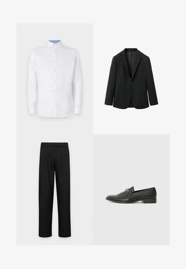 Blazer nero con texture liscia, revers a punta, due tasche anteriori, chiusura con un bottone e vestibilità sartoriale.; Camicia bianca a maniche lunghe con chiusura a bottoni, con un motivo a quadri azzurri chiari all'interno del colletto e dei polsini. Tessuto morbido.; Pantaloni neri realizzati in tessuto liscio, caratterizzati da un taglio dritto, due pieghe frontali e una vita standard con passanti per la cintura.; Mocassino in pelle nera con finitura liscia, caratterizzato da un design cucito e da un accento decorativo in catena metallica sul vamp. Tacco piatto.