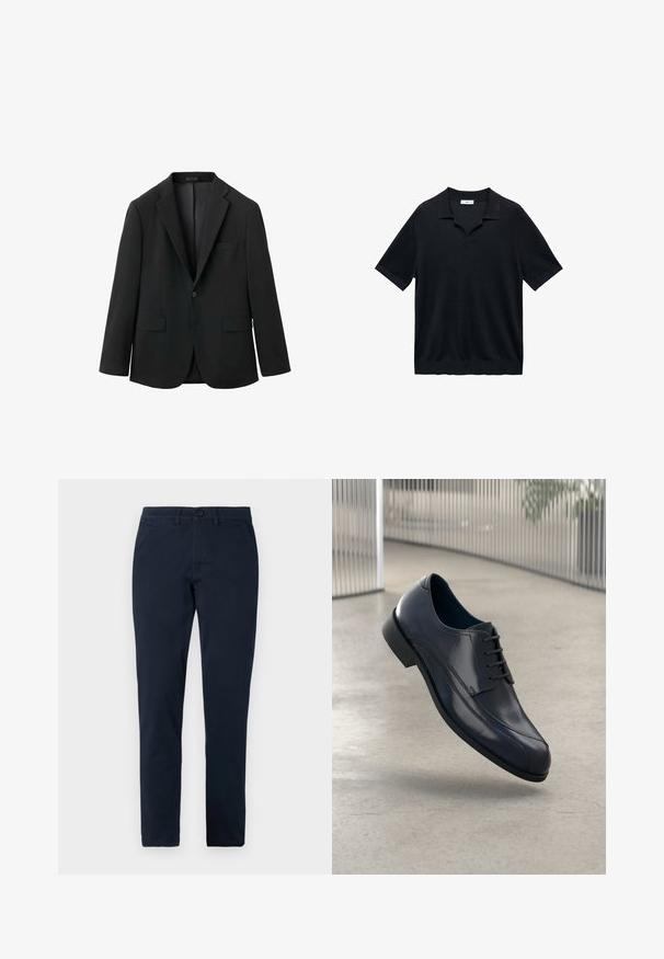 Svart kavaj med en slät textur, spetsiga slag, två frontfickor, enkel knäppning och en skräddarsydd passform.; Svart kortärmad polo skjorta med V-krage, platt krage och ribbad textur. Materialet verkar lätt och smidigt.; Marina blå chinos tillverkade av bomull, med en rak benform, framfickor, knäppning med knapp och subtila sömnadsdetaljer.; Glansig svart läderklädd sko med snörning, svävande över ett slätt, ljusgrått golv och vertikala metallstänger i bakgrunden.