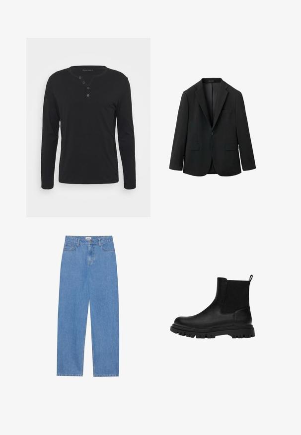 Black blazer with a smooth texture, notched lapels, two front pockets, single button closure, and a tailored fit.; Black long-sleeve henley shirt made of soft fabric, featuring a buttoned placket, round neckline, and fitted sleeves.; Light blue denim jeans with a straight cut, five-pocket design, single button closure, and subtle stitching details on the seams.; Black leather ankle boots with elastic side panels, a textured rubber sole, rounded toe, and pull tab at the back for easy wear.