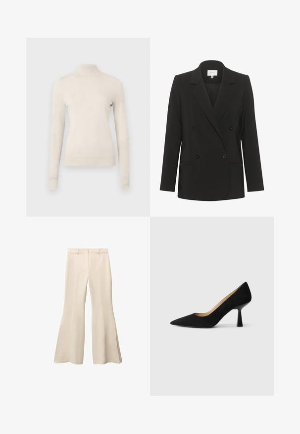 Sacou negru cu două rânduri de nasturi, cu o croială ajustată, guler cu rever, două buzunare frontale și nasturi negri. Țesătură netedă cu un design simplu.; Pulover turtleneck bej deschis, realizat dintr-un material tricotat moale, cu mâneci lungi și un detaliu delicat cu volane la gât.; Pantaloni bej evazați cu o textură netedă, având un front plat, centuri pentru curea și fante adânci pe laturile la tiv.; Pantofi stiletto negri din suede, cu vârf ascuțit, având un toc bloc lucios negru și o căptușeală interioară netedă.