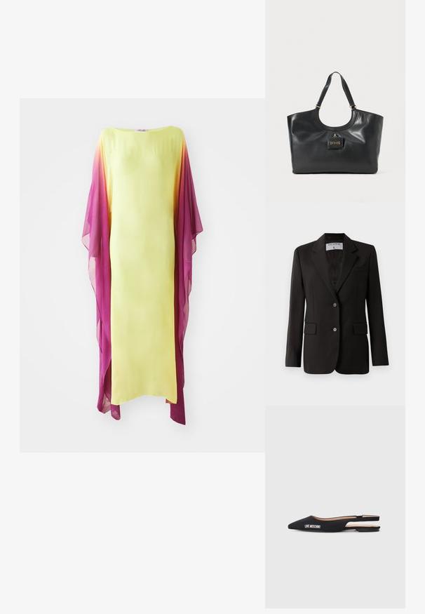 Fekete, szabott, két gombos zakó, csúcsos hajtókával és hajtózsebekkel, a gallér belsejében "Filippa K" felirattal.; Sárga ruha áttetsző ombre rózsaszín ujjal. Egyszerű, egyenes fazon, térd hosszúságú, sima textúrával és áramló anyaggal.; Fekete, pántos lapos cipők hegyes orral, sima anyagból. A "LOVE MOSCHINO" felirat fehér színben díszíti őket, minimalistakialakítással.; Fekete bőr tote táska fényes felülettel, ívelt tetejével, két vállpántjával és arany színű fémrészlettel az elején.