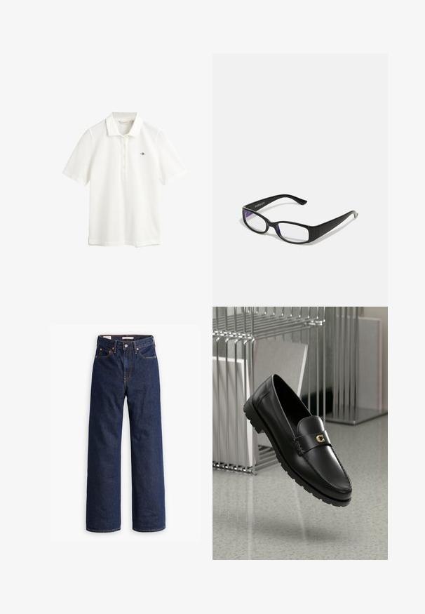 Houndstooth patterned blazer in black and white, featuring a notched collar, two front pockets, and black buttons. Textured fabric, relaxed fit.; ONLY ONLVENICE ROLLNECK - Jumper - light grey melange; GANT SLIM FIT - Polo shirt - eggshell; Dark blue straight-leg denim jeans with five pockets, orange stitching, and a button fly closure.; Black leather loafers with a raised seam, gold accent logo, and textured strap. Features a thick, durable rubber sole.; Black rectangular glasses with clear lenses. Glossy finish, narrow arms, and purple tint visible at the edges of the lenses.; Longchamp LE PLIAGE ORIGINAL - Handbag - schwarz; Gold-tone earrings featuring a spiral design with layered curves, showcasing a metallic finish and smooth texture for visual depth.