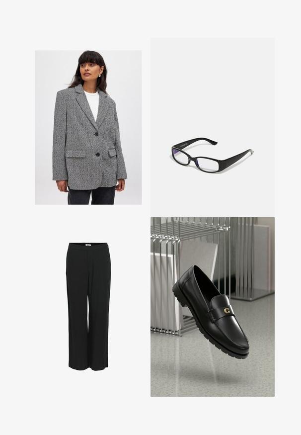 Houndstooth patterned blazer in black and white, featuring a notched collar, two front pockets, and black buttons. Textured fabric, relaxed fit.; ONLY ONLVENICE ROLLNECK - Jumper - light grey melange; Wide-leg, black pants made of a lightweight fabric. Features an elastic waistband and smooth texture. No pockets or visible patterns.; Black leather loafers with a raised seam, gold accent logo, and textured strap. Features a thick, durable rubber sole.; Black rectangular glasses with clear lenses. Glossy finish, narrow arms, and purple tint visible at the edges of the lenses.; Longchamp LE PLIAGE ORIGINAL - Handbag - schwarz; Gold-tone earrings featuring a spiral design with layered curves, showcasing a metallic finish and smooth texture for visual depth.